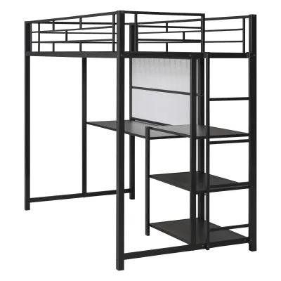 Twin Size Loft Bed With Desk And Board, Metal Loft Bed With 3 Shelves And Ladder