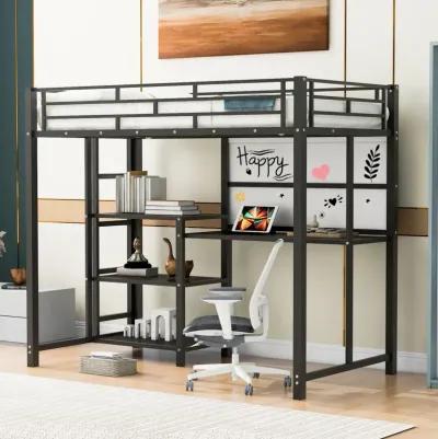 Twin Size Loft Bed With Desk And Board, Metal Loft Bed With 3 Shelves And Ladder