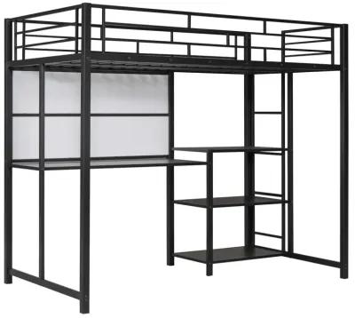 Twin Size Loft Bed With Desk And Board, Metal Loft Bed With 3 Shelves And Ladder