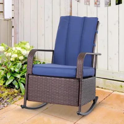 Blue Patio Relaxer: Outdoor Rattan Recliner with Soft Cushion