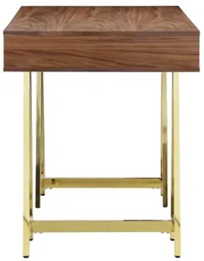 Ile 55 Inch Desk with 3 Storage Drawers, Brown Wood Veneer, Gold Metal - Benzara