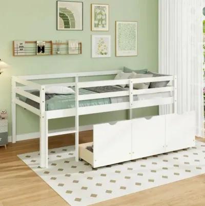 Hivvago Twin Size Low Loft Bed with 3 Drawers with Ladder and Full-length Guardrails