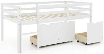 Hivvago Twin Size Low Loft Bed with 3 Drawers with Ladder and Full-length Guardrails