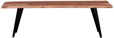 Zor 58 Inch Dining Bench, Live Edge Acacia Wood, Light Oak Brown, Black-Benzara