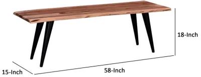 Zor 58 Inch Dining Bench, Live Edge Acacia Wood, Light Oak Brown, Black-Benzara