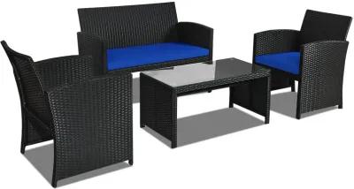 4 Pieces Rattan Patio Furniture Set with Weather Resistant Cushions and Tempered Glass Tabletop