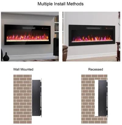 60" Wall-Mounted Electric Fireplace with Remote, LED Light Heater