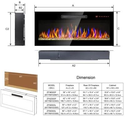 60" Wall-Mounted Electric Fireplace with Remote, LED Light Heater