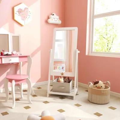 Hivvago Kids Full Length Wooden Standing Mirror with Bottom Shelf and Foldable Storage Bin-White