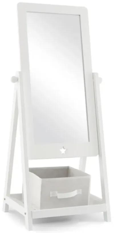 Hivvago Kids Full Length Wooden Standing Mirror with Bottom Shelf and Foldable Storage Bin-White