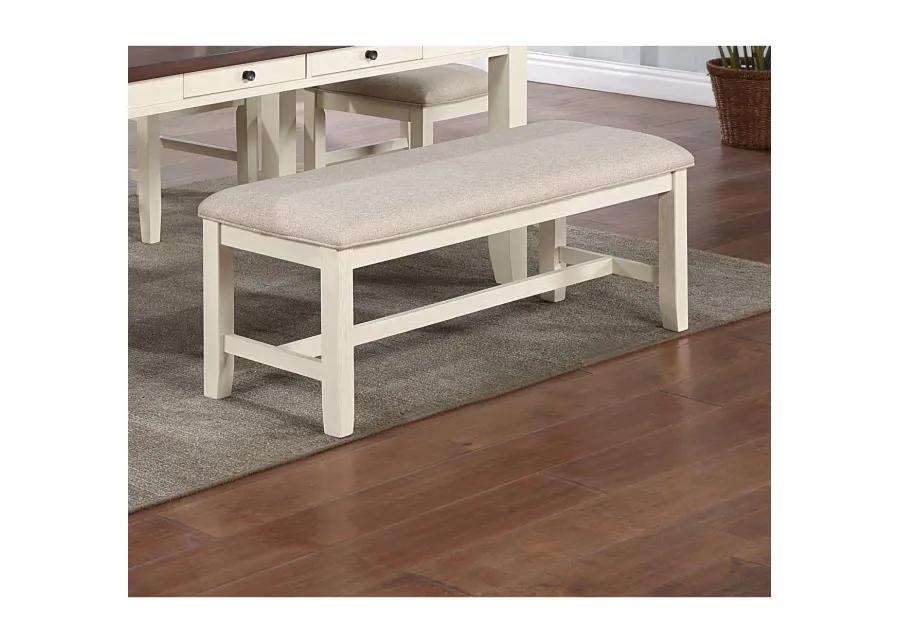 White Classic 1 Piece Bench Rubberwood Beige Fabric Cushion Seats Dining Room Furniture Bench