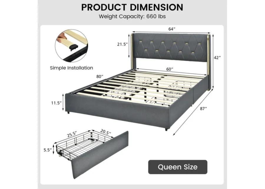 Full/Queen Size Upholstered Bed Frame with 4 Storage Drawers