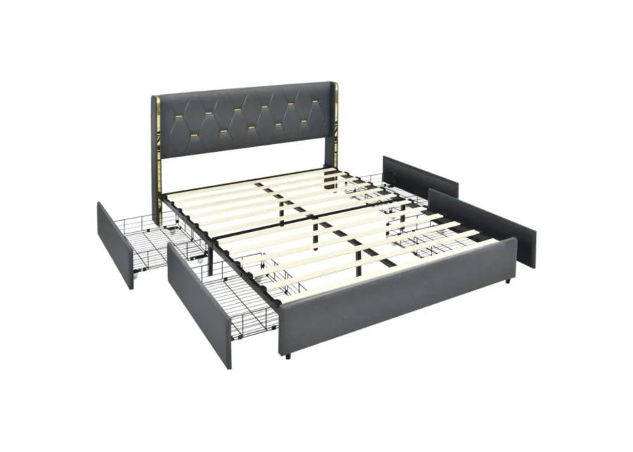 Full/Queen Size Upholstered Bed Frame with 4 Storage Drawers