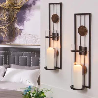 20 in. Modern Floating Decorative Metal Medallion Pillar Candle Sconces � Wall Mount � Set of 2