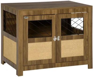 Walnut Pet Furniture: Dog Crate End Table with Cushion and Doors