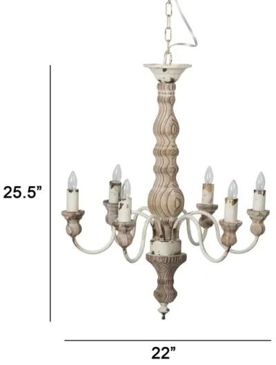 Kol 22 Inch Traditional 6 Light Chandelier, Fir Wood, Iron, Antique White-Benzara