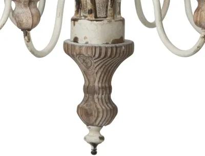 Kol 22 Inch Traditional 6 Light Chandelier, Fir Wood, Iron, Antique White-Benzara