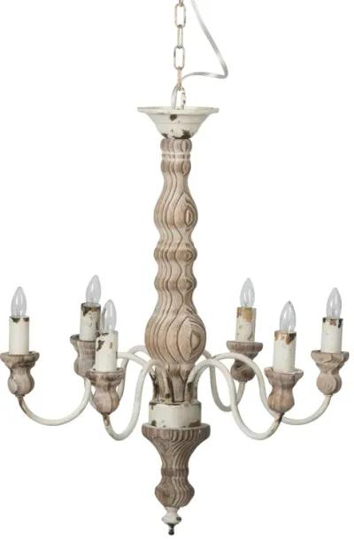 Kol 22 Inch Traditional 6 Light Chandelier, Fir Wood, Iron, Antique White-Benzara