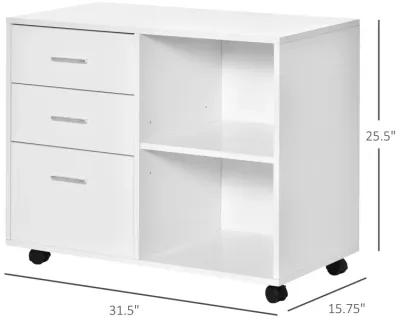 White Printer Organizer: Mobile Stand with Lateral File Cabinet