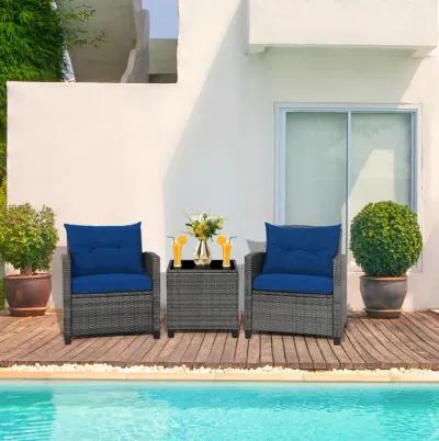 3 Pieces Outdoor Wicker Conversation Set with Tempered Glass Tabletop