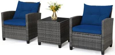 3 Pieces Outdoor Wicker Conversation Set with Tempered Glass Tabletop