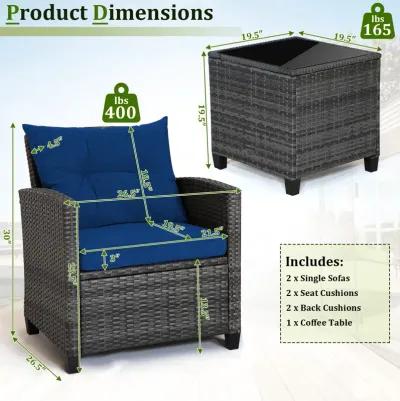 3 Pieces Outdoor Wicker Conversation Set with Tempered Glass Tabletop