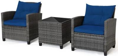 3 Pieces Outdoor Wicker Conversation Set with Tempered Glass Tabletop