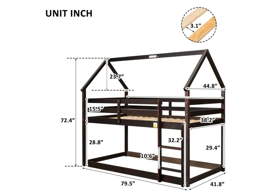 Twin Over Twin Loft Bed With Roof Design, Safety Guardrail, Ladder