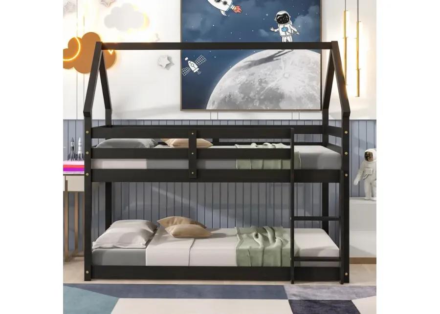 Twin Over Twin Loft Bed With Roof Design, Safety Guardrail, Ladder