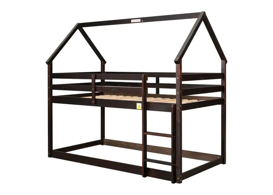 Twin Over Twin Loft Bed With Roof Design, Safety Guardrail, Ladder