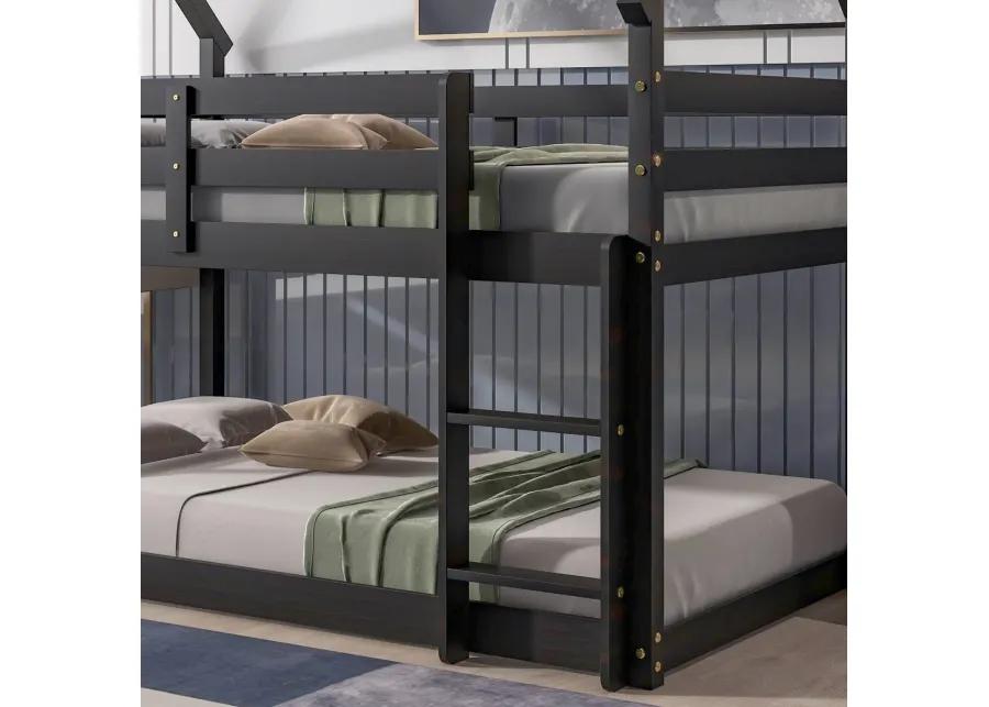 Twin Over Twin Loft Bed With Roof Design, Safety Guardrail, Ladder