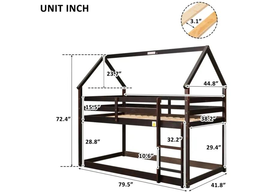 Twin Over Twin Loft Bed With Roof Design, Safety Guardrail, Ladder