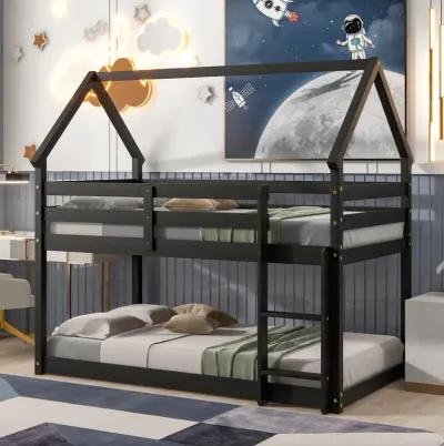 Twin Over Twin Loft Bed With Roof Design, Safety Guardrail, Ladder