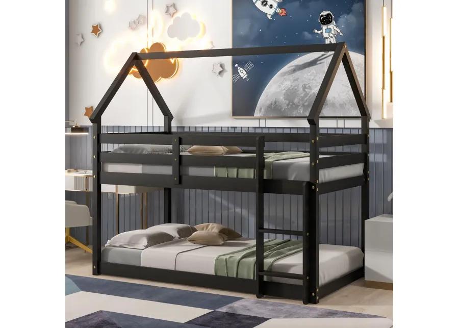 Twin Over Twin Loft Bed With Roof Design, Safety Guardrail, Ladder