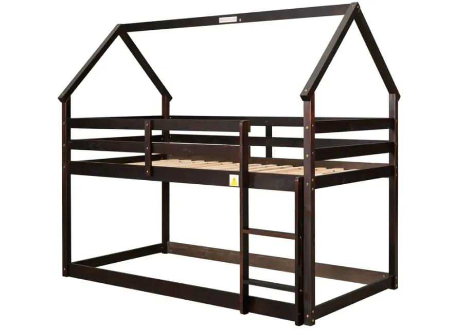 Twin Over Twin Loft Bed With Roof Design, Safety Guardrail, Ladder