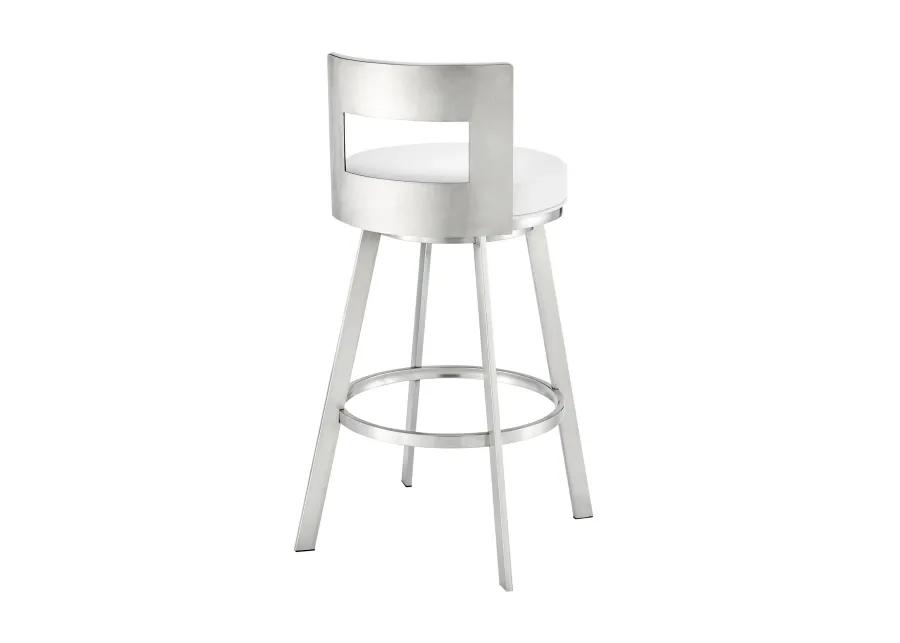 Ami 26 Inch Swivel Counter Stool Chair, White Faux Leather, Stainless Steel - Benzara