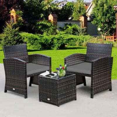 Hivvago 3 Pieces PE Rattan Wicker Furniture Set with Cushion Sofa Coffee Table for Garden