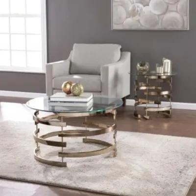 Homezia 32" Champagne Glass And Metal Round Coffee Table