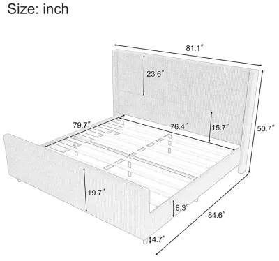 P PURLOVE High Headboard Corduroy Upholstered Bed，Bedroom Furniture