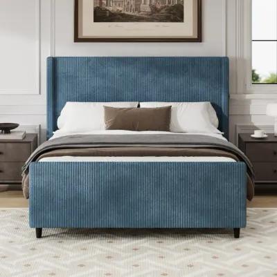 P PURLOVE High Headboard Corduroy Upholstered Bed，Bedroom Furniture