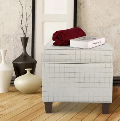 Wooden Square Ottoman with Grid Patterned Fabric Upholstery and Hidden Storage, Beige and Brown - Benzara