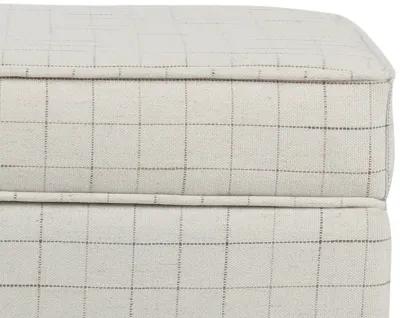 Wooden Square Ottoman with Grid Patterned Fabric Upholstery and Hidden Storage, Beige and Brown - Benzara