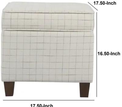 Wooden Square Ottoman with Grid Patterned Fabric Upholstery and Hidden Storage, Beige and Brown - Benzara