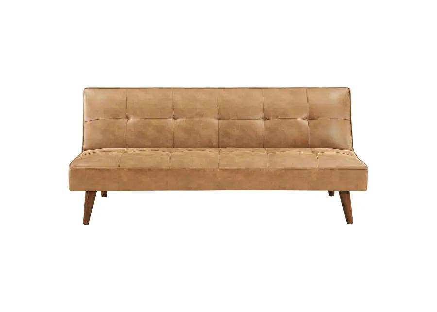 Sena Futon Convertible Sofa Bed Sleeper Couch, Light Brown Faux Leather - Benzara