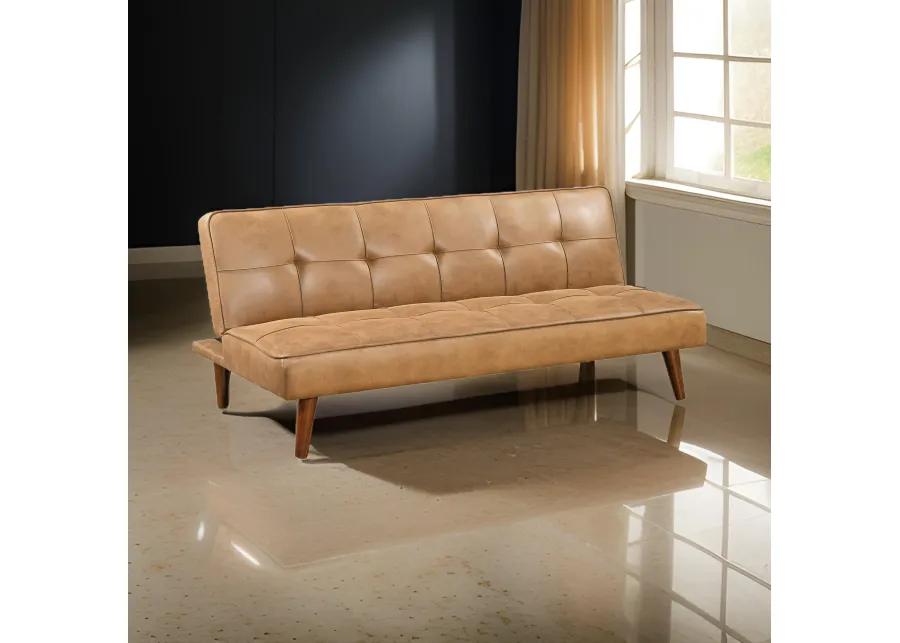 Sena Futon Convertible Sofa Bed Sleeper Couch, Light Brown Faux Leather - Benzara