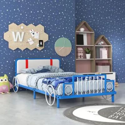 Hivvago Twin Size Kids Bed Frame Car Shaped Metal Platform Bed with Upholstered Headboard