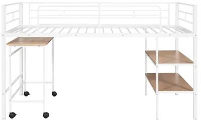 Merax Metal Loft Bed with Movable Desk and Shelves