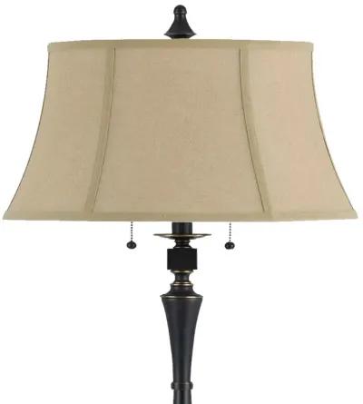 Metal Body Floor Lamp with Fabric Tapered Bell Shade, Black and Beige-Benzara