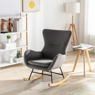 Velvet Fabric Padded Seat Rocking Chair With High Backrest And Armrests