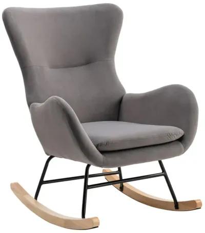 Velvet Fabric Padded Seat Rocking Chair With High Backrest And Armrests